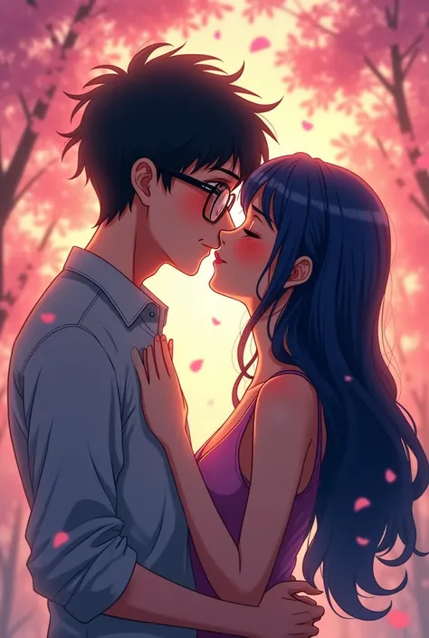 drawing, anime couple.  Kiss between a man with glasses and a woman with long navy blue hair.