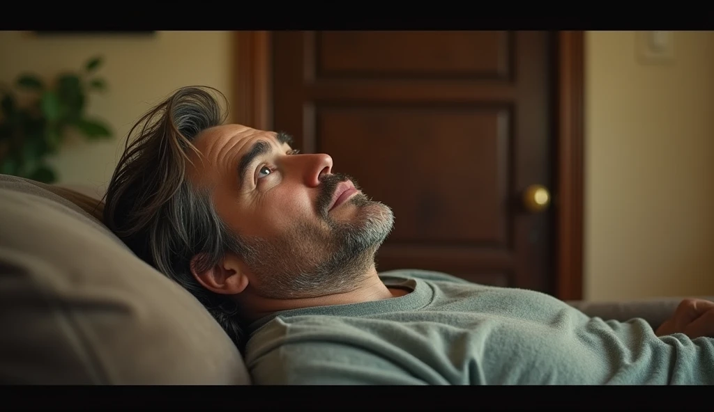 High-definition, cinematic close up frontal face of a Carlos, a man in his 30s, with an ordinary and relaxed appearance, He wears a faded T-shirt and comfortable shorts, he is sprawled on the couch, In the background, the front door of his house is closed