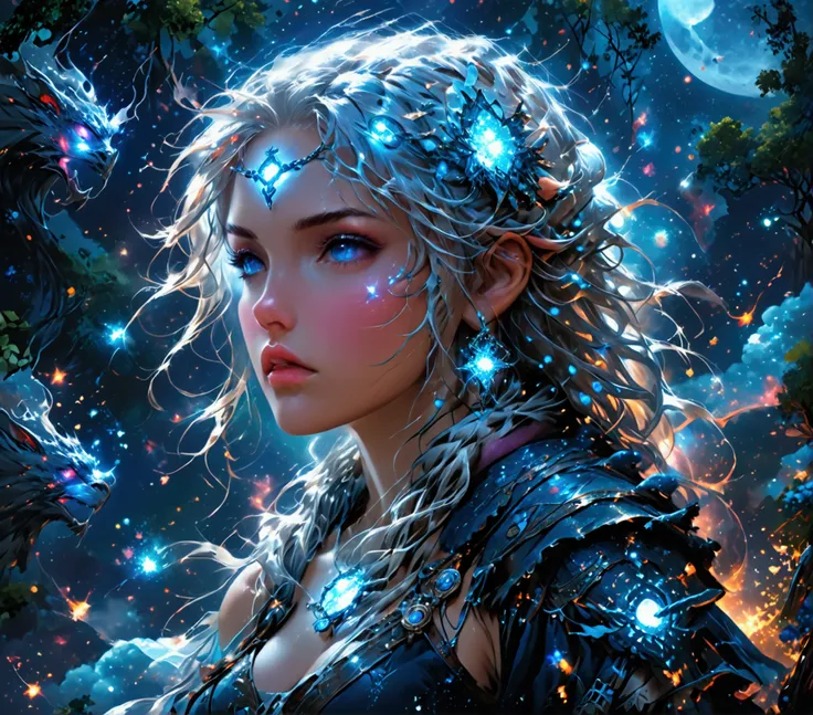 comic art , dnd art, rpg art, realistic art, female human druid of the stars, guardian of nature, controlling magical energy made of stars, swirling blue stary magical light, divine symbols, (under the sky filled with stars: 1.4, human female, busty, extre...