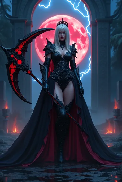 In this masterpiece, a stunning (Clara Morgane in sexy reaper cosplay:1.3), stands at the center of the frame, radiating an aura of mystique and beauty. The ultra-detailed 4K image presents her in front of a (black mana vortex:1.3) framed by the (huge gate...