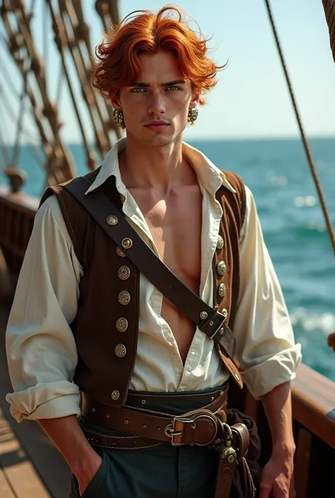 Create the image of an extremely handsome 18th century pirate, with vibrant, wavy red hair that falls freely over her shoulders. He is not wearing a hat, allowing your hair to be the highlight. He has a confident and seductive look, with striking facial fe...