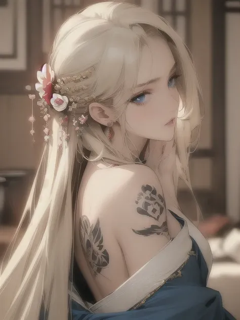 (masterpiece, highest quality, best quality, official art, beautiful and aesthetically pleasing:1.2),1 girl, tattoo, solo, Japanese clothes, hair decoration, nudity, golden hair, tattoo on the back, blue eyes, open shoulders, looking back, from behind, flo...