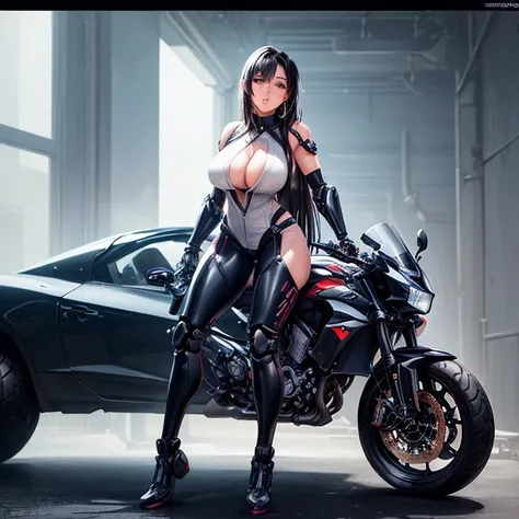 (Full body photo:2), (One/woman/Mechanic:1.8), (Very large breasts:1.8), (all Mechanical body:2), (With bionic armor:1.5), Black gear on white, (She was in the spaceship near the window、Gazing into space:1.5), (She has very short straight black hair:1.2), ...