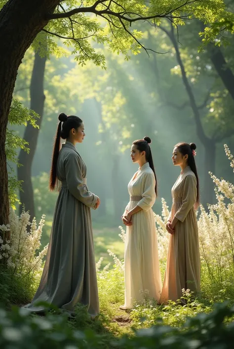 Create a realistic image from the Tang Dynasty era ,The first woman in a grey villager&#39;s dress , The second woman in white villager clothes , The third woman in brown villager clothes, the three of them look at their thirty-year-old husband standing wi...