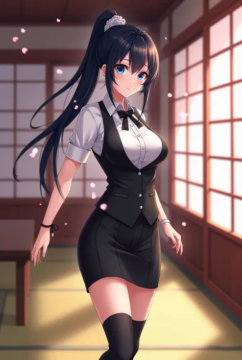 Anime Japanese female Black hair Ponytail Blue eyes Butler uniform Japanese-style room Big breasts Big butt 