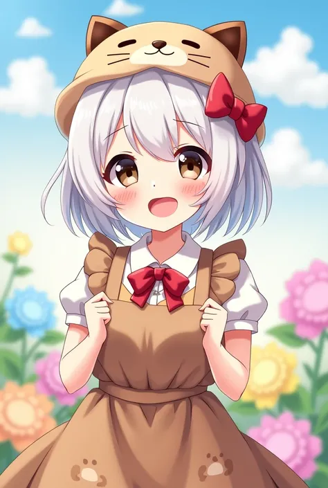 You can generate an anime character with the characteristic of short white hair with bows in the hair and a brown kitty hat. , with a happy expression but.Tender has black eyes and her maid outfit is brown, It has some teddy bear decorations .



