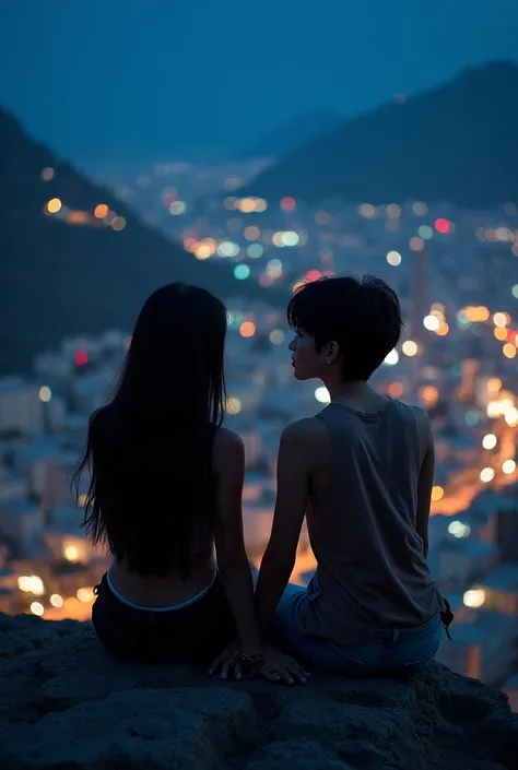 A couple of girls, a dark brunette latina, with straight black hair, and the other girl is white with black hair with a man&#39;s haircut with manly features, hand holding, being in love, sitting watching the lights of a city at night from a mountain 