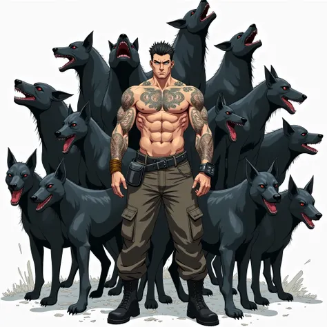 Anime style, best quality,masterpiece,Ultra-high resolution,1 person,looking at the audience,one,Yamamoto Takashi style,Countless black evil black dog beasts surrounded him，
simple background,White_background,Machinery Division，Exoskeleton，Cold-blooded adu...