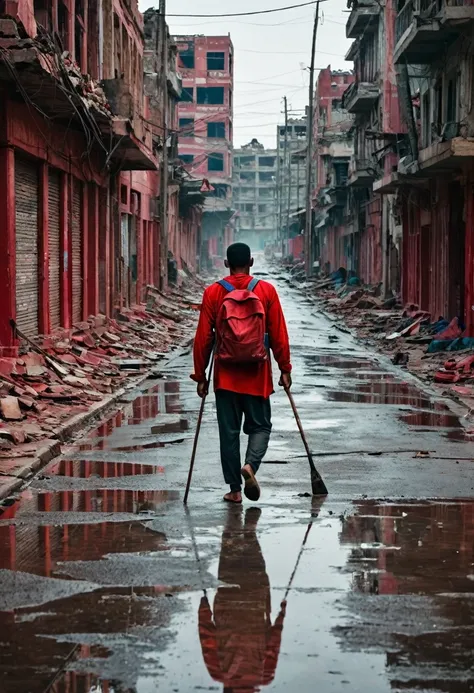 deddyfebriyadi, *a lone man, with a face showing fatigue and toughness, walks on an empty street. surrounding him are broken bui...