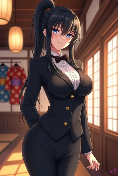 Anime Japanese female Black hair Ponytail Blue eyes Butler uniform Black slacks Japanese-style room Large breasts Big butt 