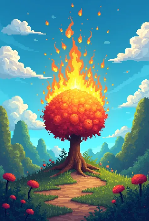 Image in Super Mario graphic with reference to the bush that caught fire but was not consumed, With blue colors, yellow and orange in evidence 