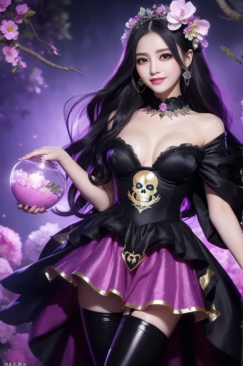 sexy stylish female who controls poison、beautiful smile、lipgloss、long lashes、dramatic makeup、look at the camera、full body Esbian、、sparkling poisoned enchanted flower costume、、、、shiny sparkling multicolor hair、secrete poison、skull hair accessories、black tig...