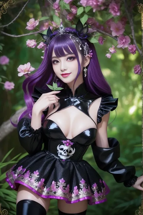 sexy stylish female who controls poison、beautiful smile、lipgloss、long lashes、dramatic makeup、look at the camera、full body Esbian、、sparkling poisoned enchanted flower costume、、、、shiny sparkling multicolor hair、secrete poison、skull hair accessories、black tig...