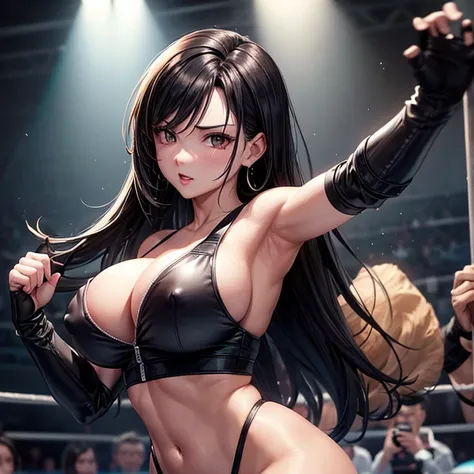 she is wearing black clothes,  Amazing high-cut bodysuit.A woman doing professional wrestling　Tifa Lockhart　Open Finger Gloves　Fight in the ring　Nipples are visible　Large Breasts　A lot of cumshot erupts　attractive vagina　Have a sensual pose