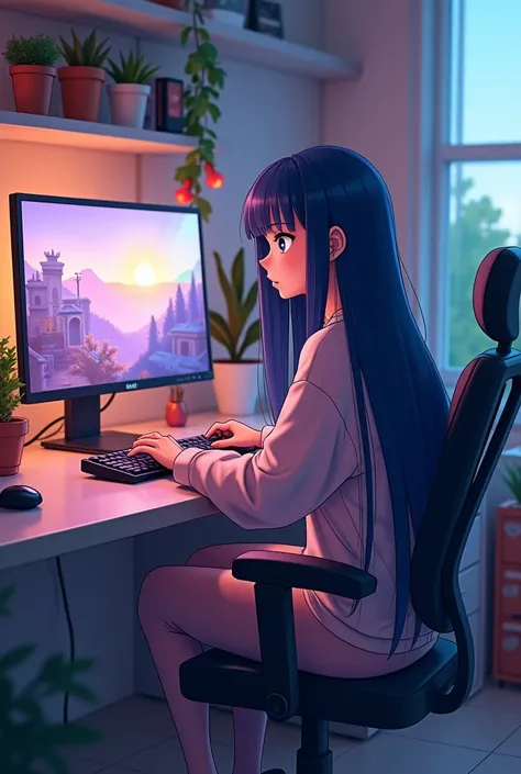 Anime drawing of a housewife playing on a PC, long navy blue hair