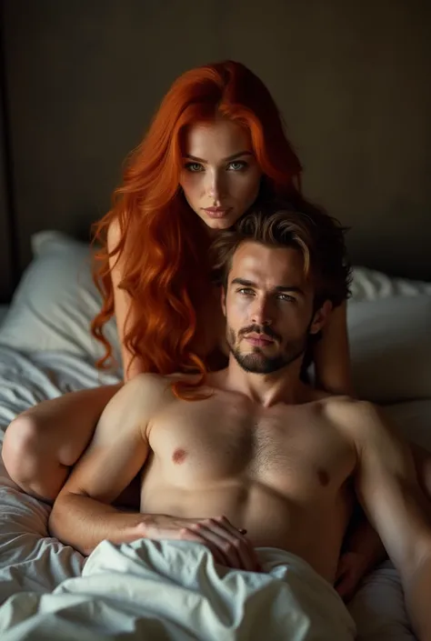 Beautiful busty lady red hair green eyes, sitting on top of her husband on the bed, she is naked 