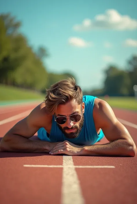 A bearded man with light hair and sunglasses, and in sportswear sleeping peacefully on the athletics track 