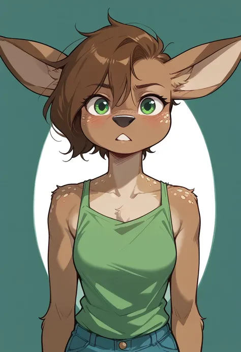 lotte, deer girl, furry female, body fur, animal nose, snout, animal ears, green eyes, brown hair, short hair, freckles,