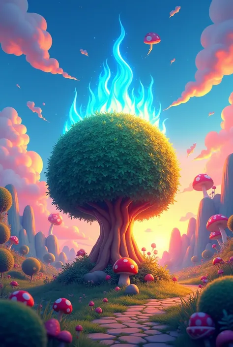 Image in Super Mario graphic with reference to the bush that caught fire but was not consumed, With blue colors, yellow and orange in evidence 