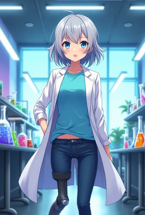 An anime girl with short, gray hair that goes to her shoulders. She wears a baby blue t shirt with a white scientist lab coat and jeans. Her left leg is amputated from the knee down.