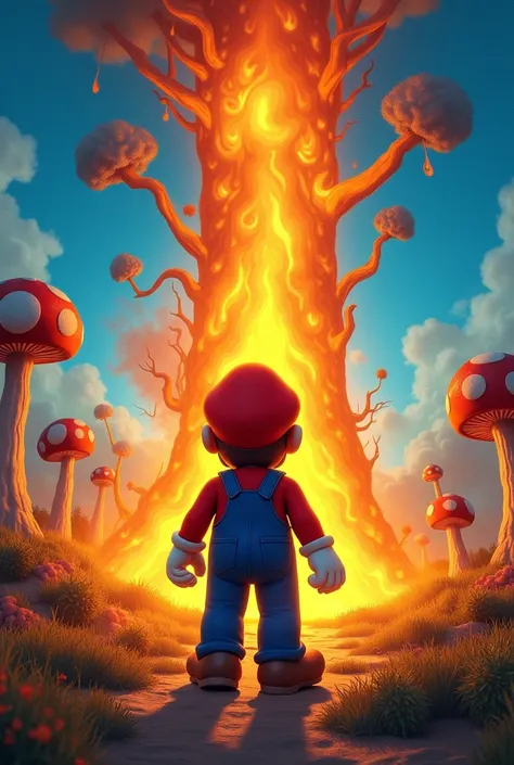 Super Mario graphic image with reference to the bush that caught fire in the Bible, With blue colors, yellow and orange in evidence 