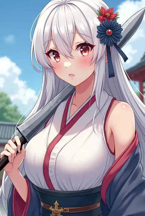 Knife a white woman with big breasts. She has a serious and welcoming face. She has white hair but she is young, is 25 to 26 years old. in anime style. Please take multiple angles and multiple images.. She wears clothes like in ancient Japan and the enviro...