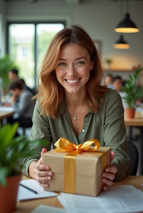 The woman is now smiling, looking at the gift box with curiosity and happiness. In office 