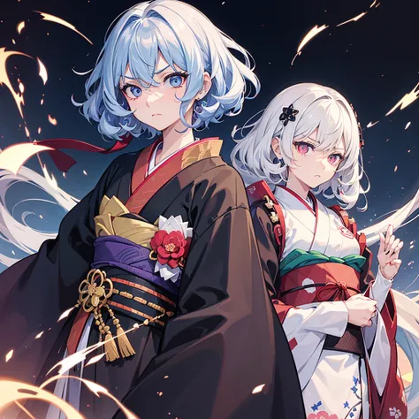 She is a human, she is a woman, She has a kimono and she is angry and she has short, curly hair. His eyes are blue with a star in his eyes, and the other left eye is a black one with many studs in its eyes. He has a serious and upset face.