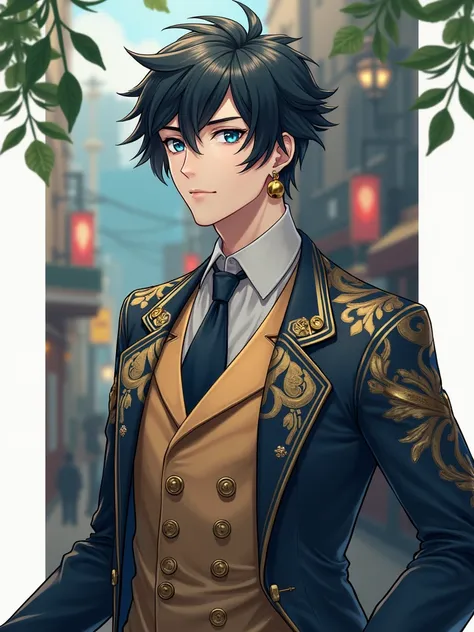 Bells on ears、Kuroku、Cool hairstyle、Handsome、Handsome、tall、Stylish vintage clothing、Blue Eyes、masterpiece、high resolution、