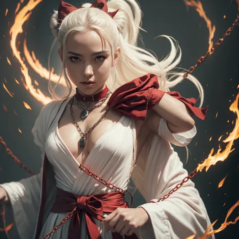 portrait of a young demon warrior princess wearing a short white robe and a red bow tied in a chain tied around neck, in full growth, 8k, sharp focus, dynamic shot, Fire, demon