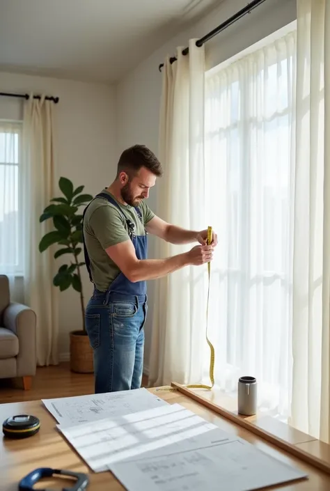 Installer measuring curtain track