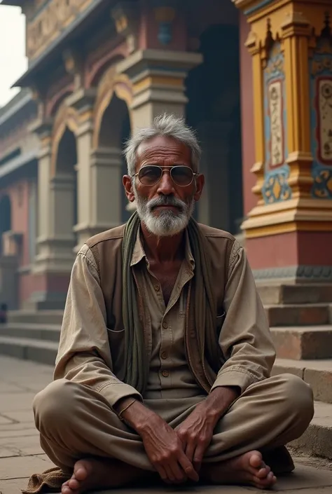 Indian blind  beggar wearing spects and sitting infront of temple in india