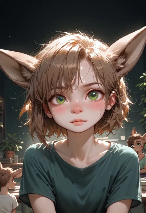 lotte, deer girl, furry female, body fur, animal nose, snout, animal ears, green eyes, brown hair, short hair, freckles,