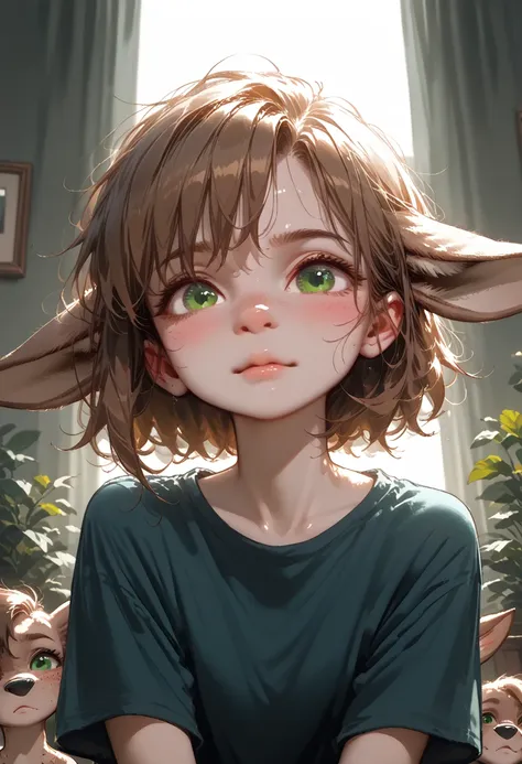 lotte, deer girl, furry female, body fur, animal nose, snout, animal ears, green eyes, brown hair, short hair, freckles,