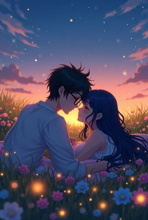 anime couple drawing, lying down, hugged, the man with short black hair and glasses and the woman with long navy blue hair 