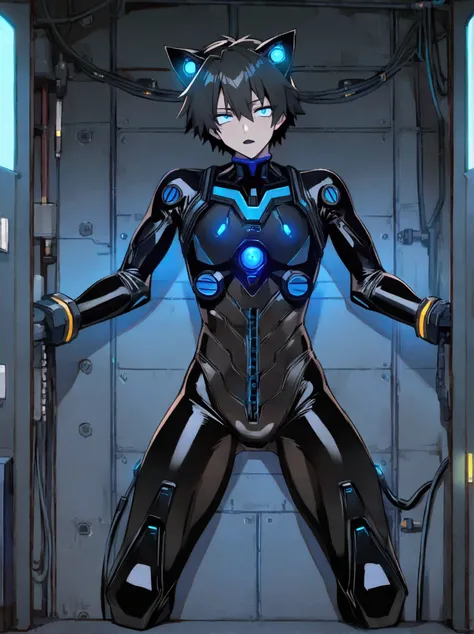 (masterpiece, best quality:1.3) (nsfw8) (((1boy))), (((anime boy))), 20 years old, muscular body, black hair, black latex plugsuit, black latex, skintight no zipper neck entry black latex plugsuit, fullbody black latex plugsuit, , cat ears, cyborg eyes, la...