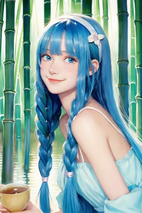 Masterpiece, Best Quality, Official Art, 8k Wallpaper, Very Detailed, Illustration, 1 Girl, Sky Blue Hair, Long Hair, Detailed Eyes, Forrest Gump, Bare Shoulders, Hanfu, Lake, Pure, Soft Smile, bamboo, tea