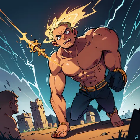 a powerful god zeus, striking a dramatic pose, holding a bolt of lightning, detailed muscular body, man, man, man, man, man, chiseled facial features, piercing eyes, dramatic lighting, cinematic composition, digital painting, vibrant colors, fantasy art, 4...