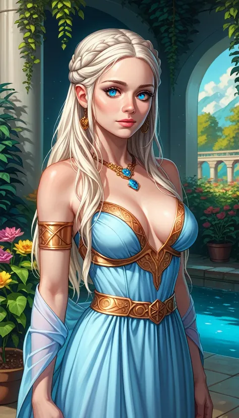 score_9, score_8_up, source_anime, 

neon, garden, red and blue tones, a girl dressed in a pale white simple silk dress with silver embroidery, a face similar to Daenerys, long white hair, stunning blue eyes, expressive breasts, gold jewelry, delicate face...