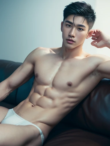 Handsome Asian, briefs, handsome asian guy, handsome boy, Full Body Shoot, full body, photoshoot, male underwear, mini briefs, portrait, look at camera, detailed facial parts, Manly, Charmer, Active Boy, lying back on sofa, sleep on sofa, harness, happy ex...