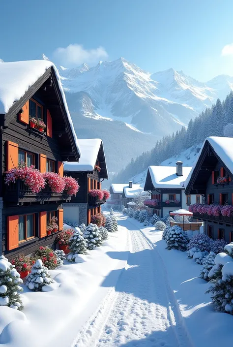 Generates a winter landscape inspired by Switzerland, showing a small alpine village covered in fresh snow. The houses have typical Swiss architecture., with sloping roofs to withstand snow, dark wood walls, and large windows with decorative shutters. Some...