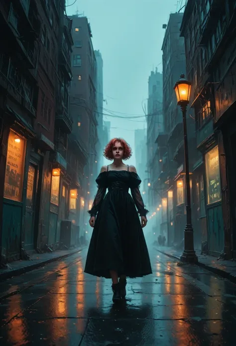 "A realistic scene of a mysterious woman in her early 30s walking at night in a dimly lit alleyway in New York City. She has long, curly, red hair and green eyes, wearing a gothic outfit with dark and intricate details. The atmosphere is dark and eerie, wi...