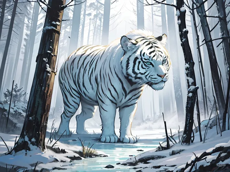 big white tiger standing in the swamp. a hunter with white hair carrying a bow riding a tiger proudly, dense forest, foggy weather, tiger looks dashing and cool biting slime monster, there is snowfall in the forest, realistic, Bright colour, Zoom out, came...