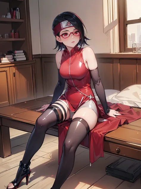 ((top quality)), ((masterpiece)), ((best quality:1.2,)) (((sarada uchiha , 1girl, solo, aroused))), full body, ((((bodycon suit,...