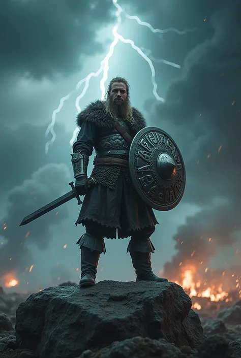 A young viking warrior with his full armor ,full body, standing straight, standing on a rock in a battle field, a viking sword on his hand , a viking shield on his other hand , real image, dark clouds on sky 