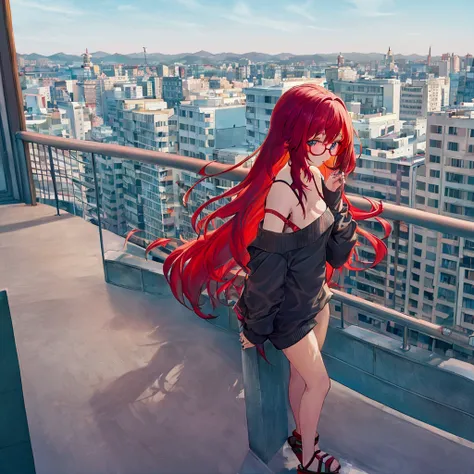 Create an illustration in the style of Lofi Girl, featuring a red-haired girl with hexagonal glasses, a small nose ring, and a tattoo on her upper arm. She is wearing an oversized outfit, including a loose sweater and comfortable top, standing on a balcony...