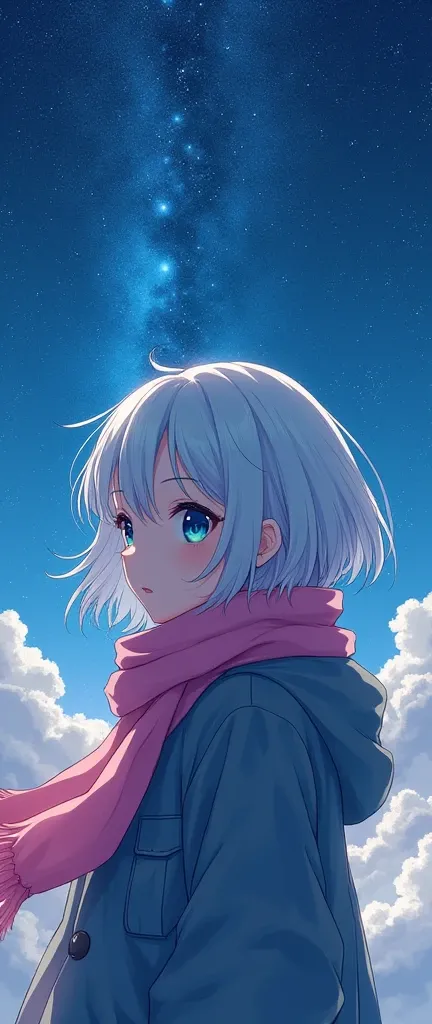 masterpiece，最佳quality，High Aims_quality，High purpose_solution，Beautiful night sky, (Stars), Meteor Showers, Beyond the clouds，Wide Angle, Stunning clouds，1 girl，，White prismatic hair，[blue|green]Eye，Glowing white particles，whole body，serious，pink (scarf:1....