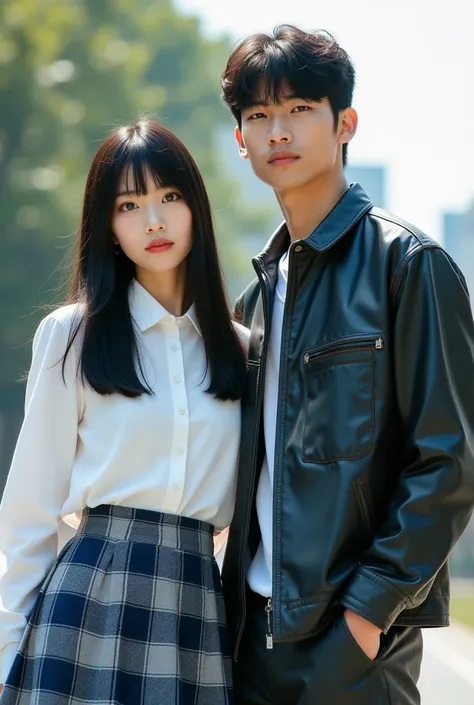 A picture of a Japanese high school girl with straight black hair and a Yankee man.。

The uniform is a white shirt。

The skirt is a light blue, navy blue, and gray checkered pattern, making it dark overall.。

The length of the skirt is shorter than above t...