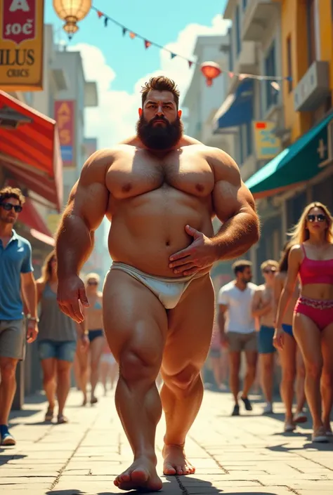 A muscle man, robust, furry, big, virile and attractive in underwear, walking embarrassed down the street, covering his crotch with his hands