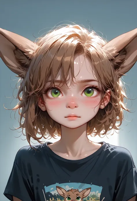 lotte, deer girl, furry female, body fur, animal nose, snout, animal ears, green eyes, brown hair, short hair, freckles,